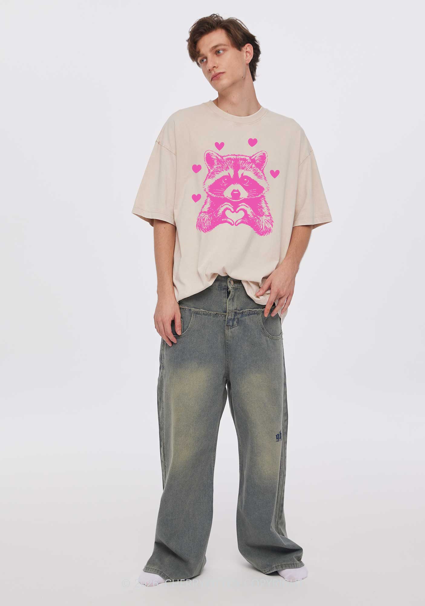 Pink Raccoon Heart Valentine's Day Y2K Shirts Washed Tee Cherrykitten