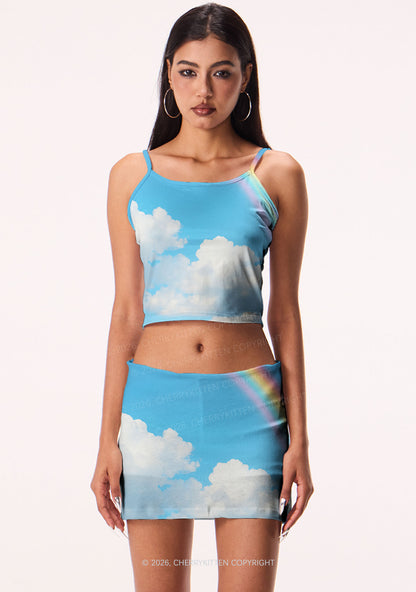 Blue Sky Rainbow Y2K Print Mini Skirt Cherrykitten
