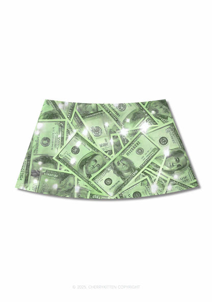 Green Shiny Money Y2K Print Mini Skirt Cherrykitten