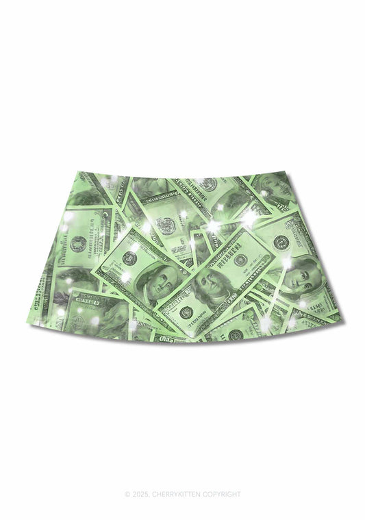 Green Shiny Money Y2K Print Mini Skirt Cherrykitten