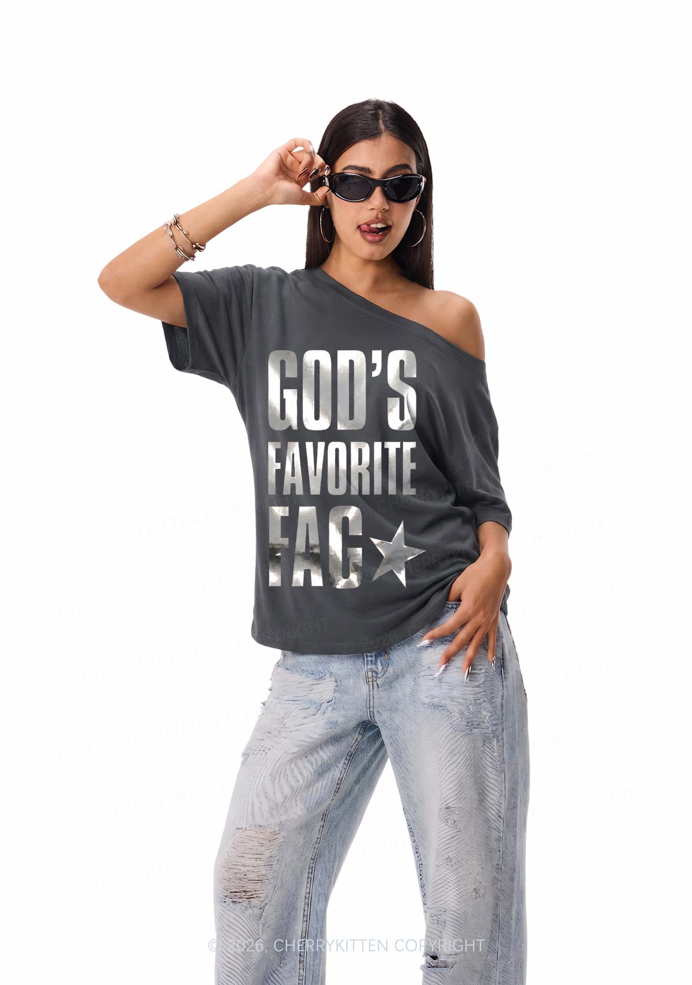 Gods Favorite Fag Pride Silver Foil Printed Y2K Off Shoulder Tee Cherrykitten