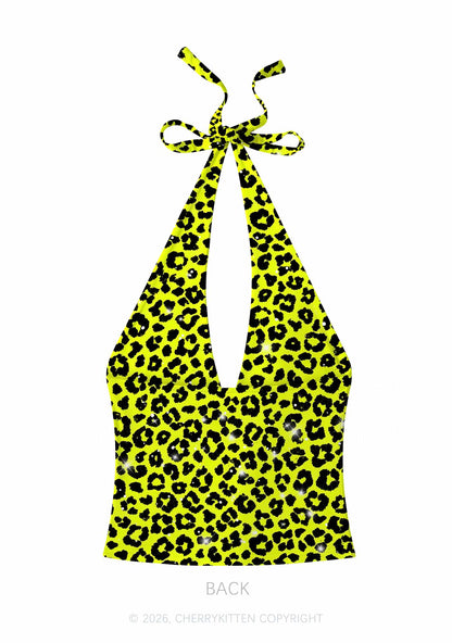 Lime Yellow Leopard Y2K Print Halter Deep V Neck Cami Cherrykitten
