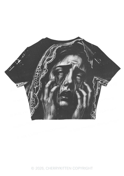 Halloween Veiled Crying Woman Y2K Mesh Crop Top Cherrykitten