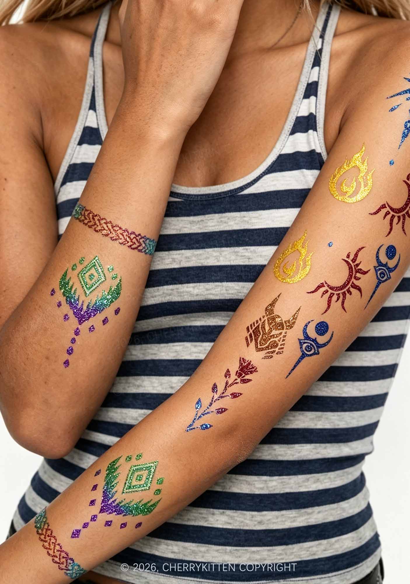 6pcs Ethnic Style Sticker Y2K Temporary Tattoo Cherrykitten