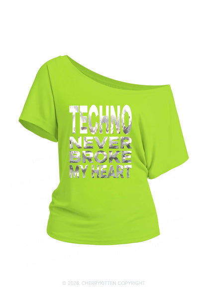 Techno Broke Heart Silver Foil Printed Y2K Off Shoulder Tee Cherrykitten