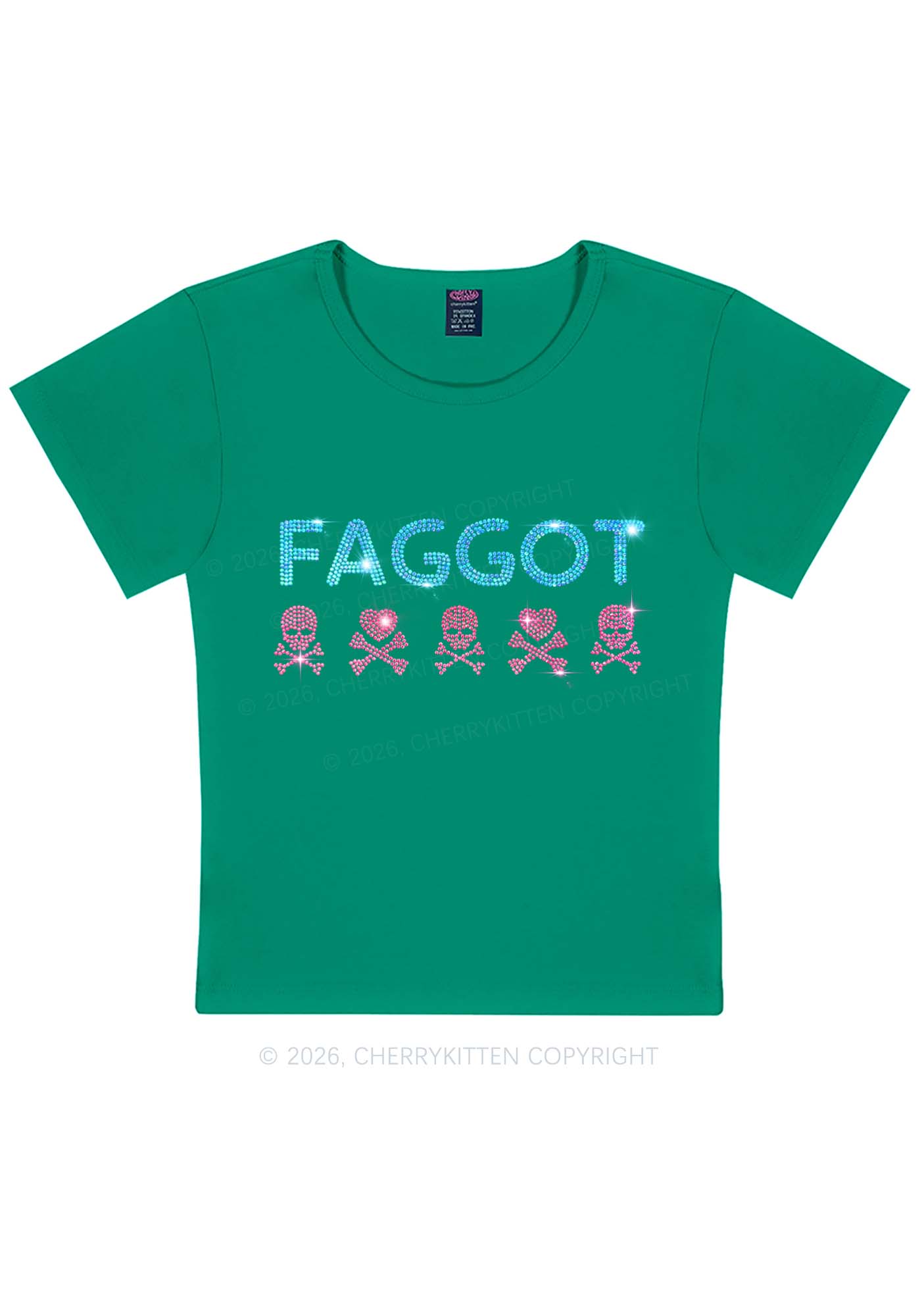 Rhinestone Faggot Skull Pride Y2K Baby Tee Cherrykitten