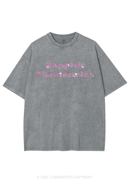 Rhinestone Sapphic Tendencies Pride Y2K Shirts Washed Tee Cherrykitten