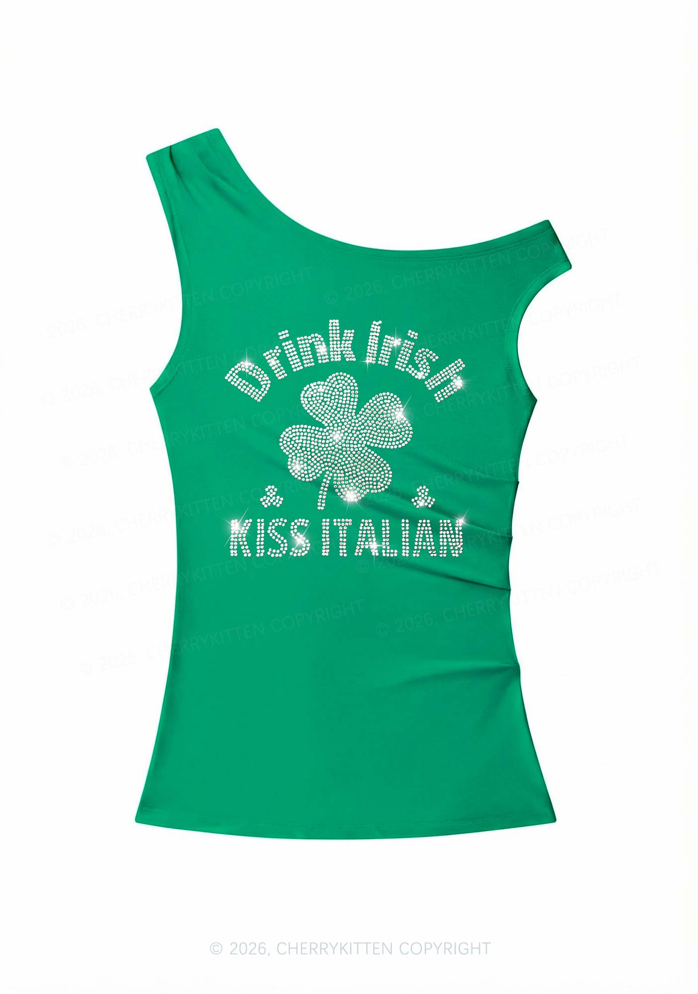 Rhinestone Drink Irish Kiss Italian St Patricks Y2K Off Shoulder Tank Top Cherrykitten