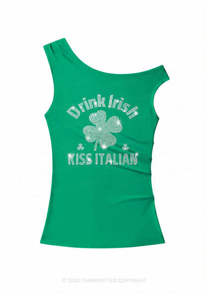 Rhinestone Drink Irish Kiss Italian St Patricks Y2K Off Shoulder Tank Top Cherrykitten