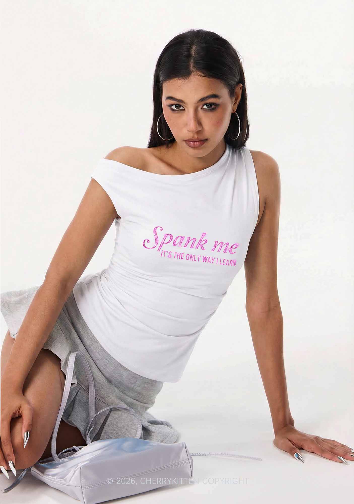 Rhinestone Spank Me Y2K Off Shoulder Tank Top Cherrykitten