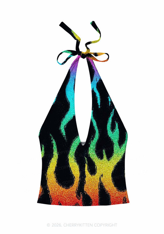 Rainbow Flame Pride Y2K Print Halter Deep V Neck Cami Cherrykitten