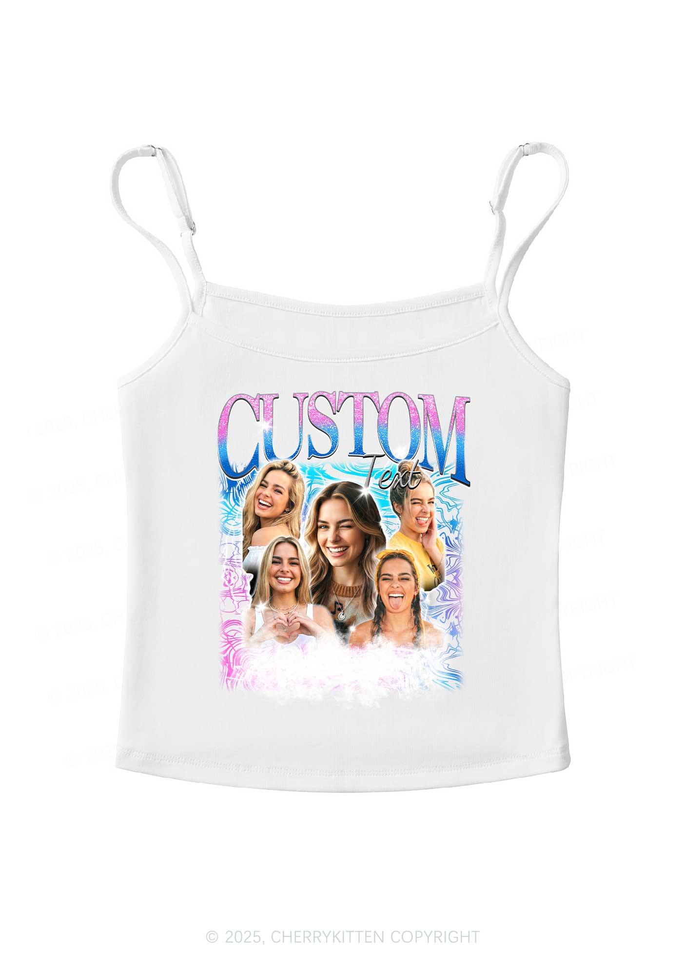 Custom Portrait Glitter Text Y2K Spaghetti Strap Cami Cherrykitten