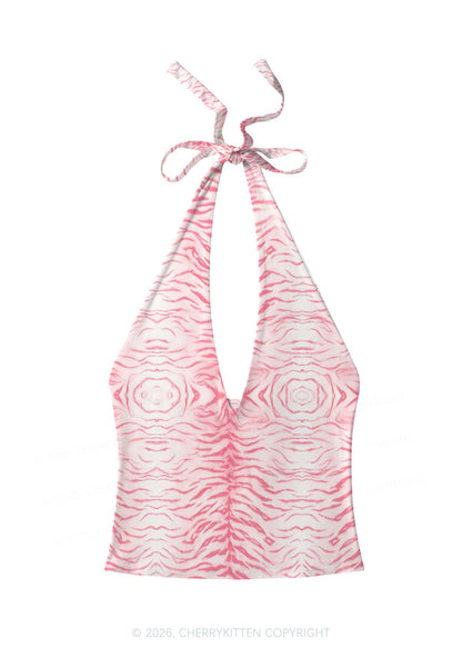 Pink Tiger Stripe Y2K Print Halter Deep V Neck Cami Cherrykitten
