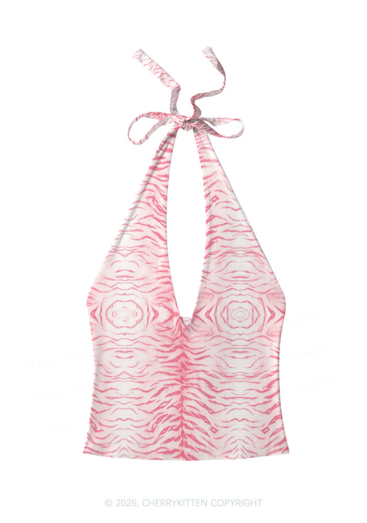 Pink Tiger Stripe Y2K Print Halter Deep V Neck Cami Cherrykitten