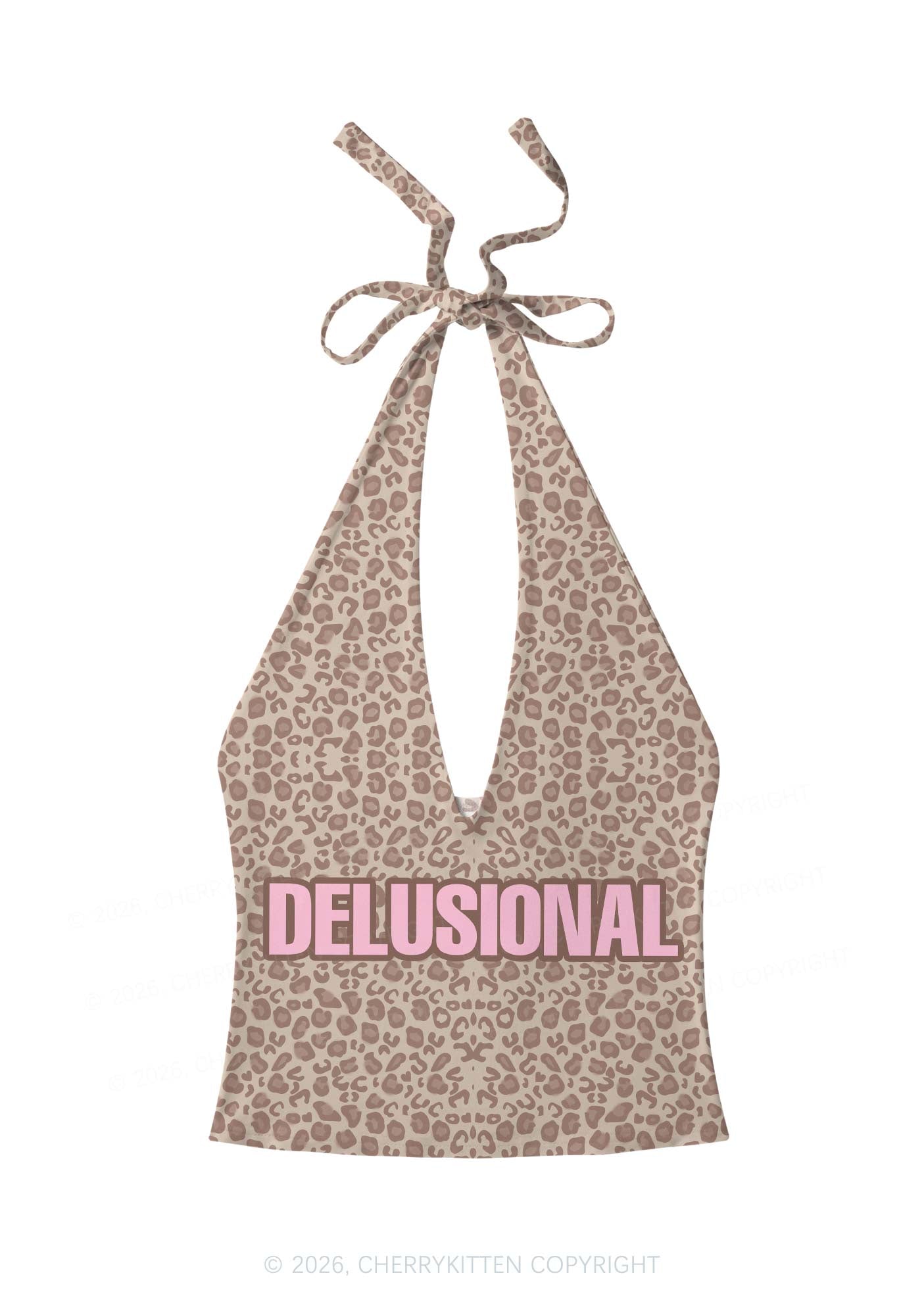 Pink Delusional Leopard Y2K Print Halter Deep V Neck Cami Cherrykitten