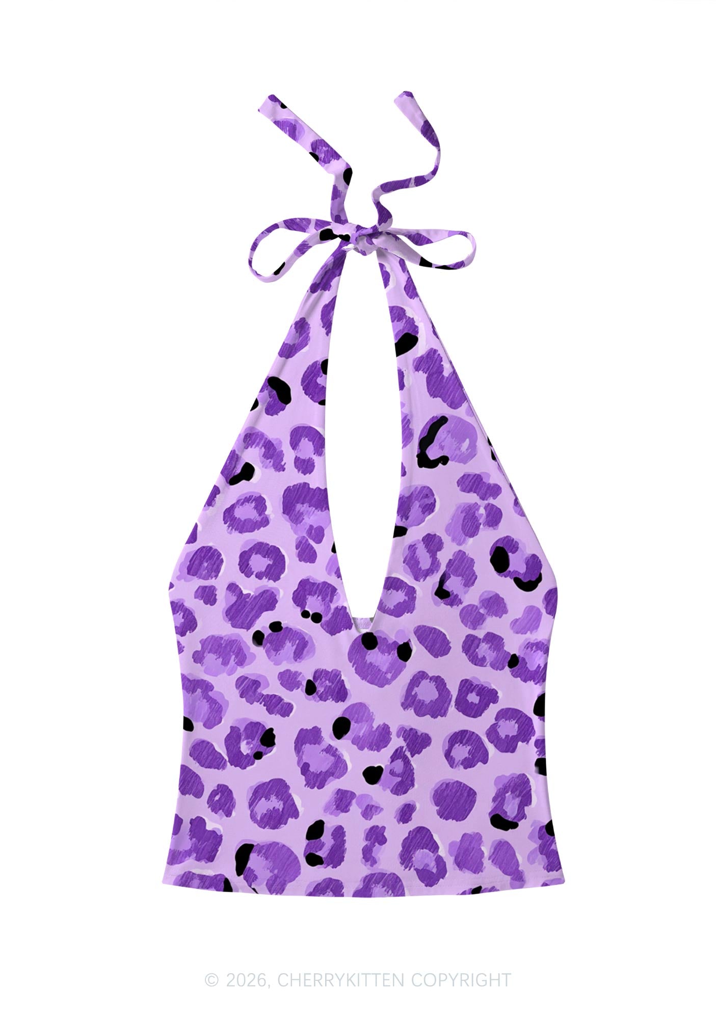 Purple Leopard Y2K Print Halter Deep V Neck Cami Cherrykitten