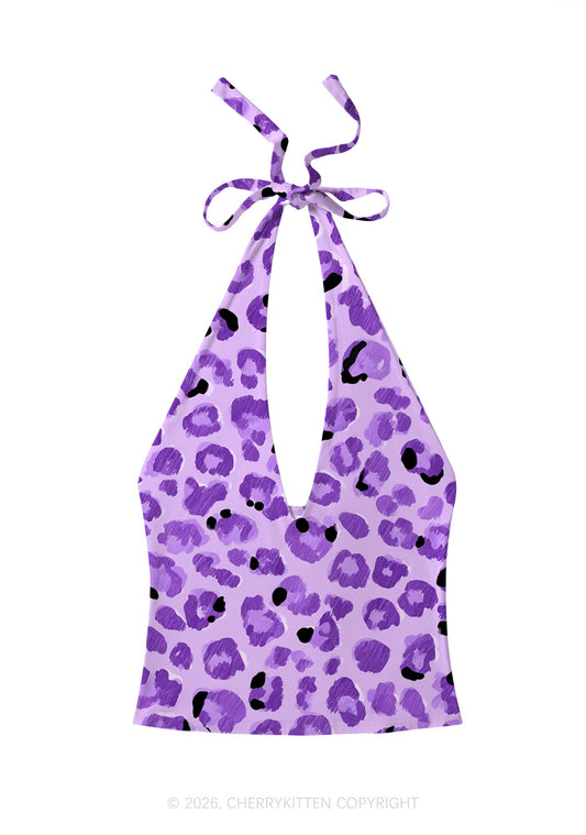 Purple Leopard Y2K Print Halter Deep V Neck Cami Cherrykitten