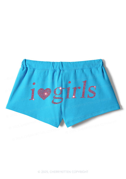 Rhinestone I Love Girls Y2K Drawstring Mini Shorts Cherrykitten