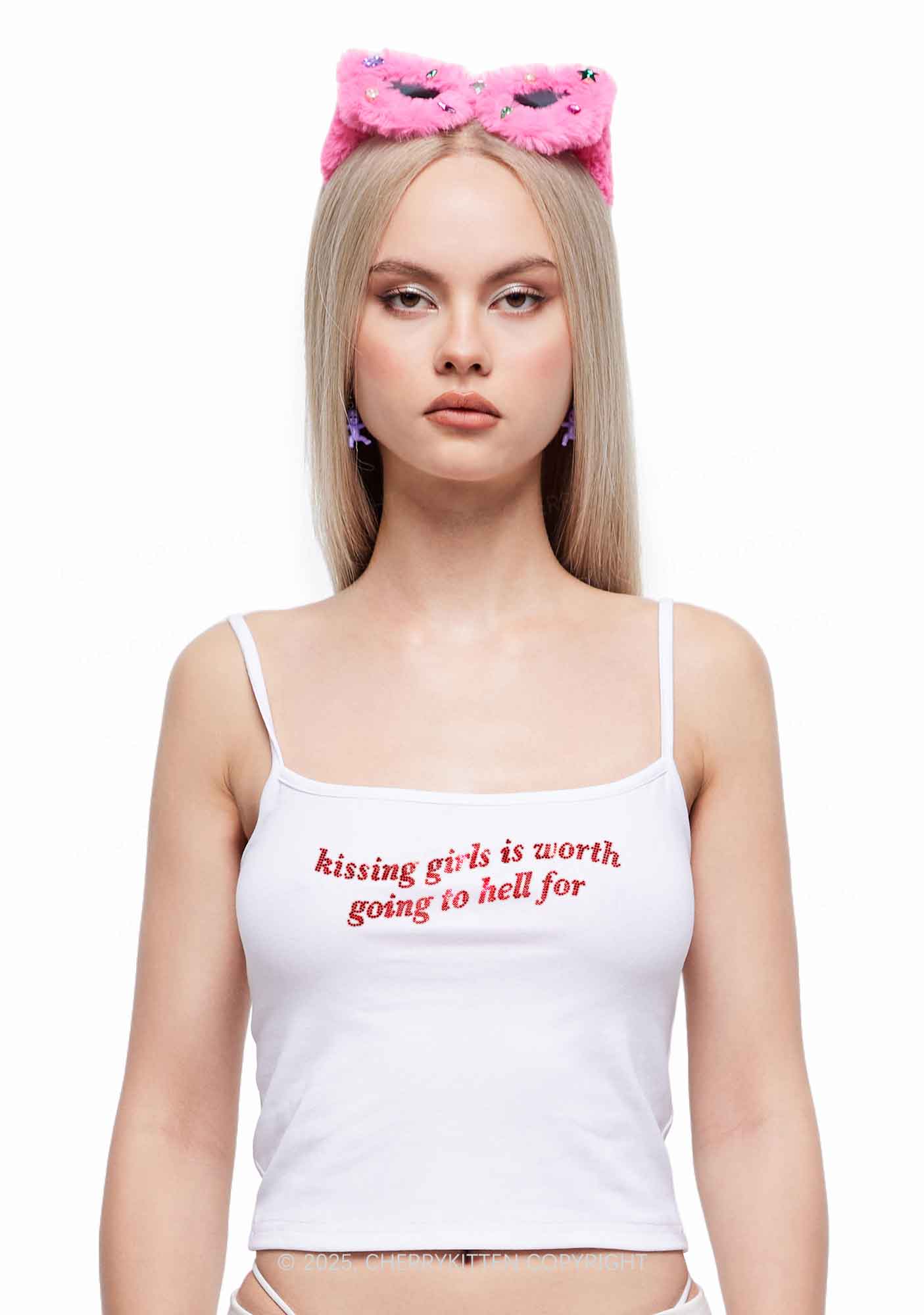 Rhinestone Kissing Girls is Worth Pride Y2K Spaghetti Strap Cami Cherrykitten