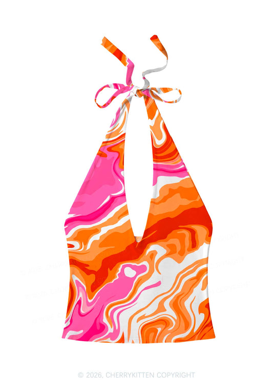Lesbian Liquid Tie Dye Pride Y2K Print Halter Deep V Neck Cami Cherrykitten