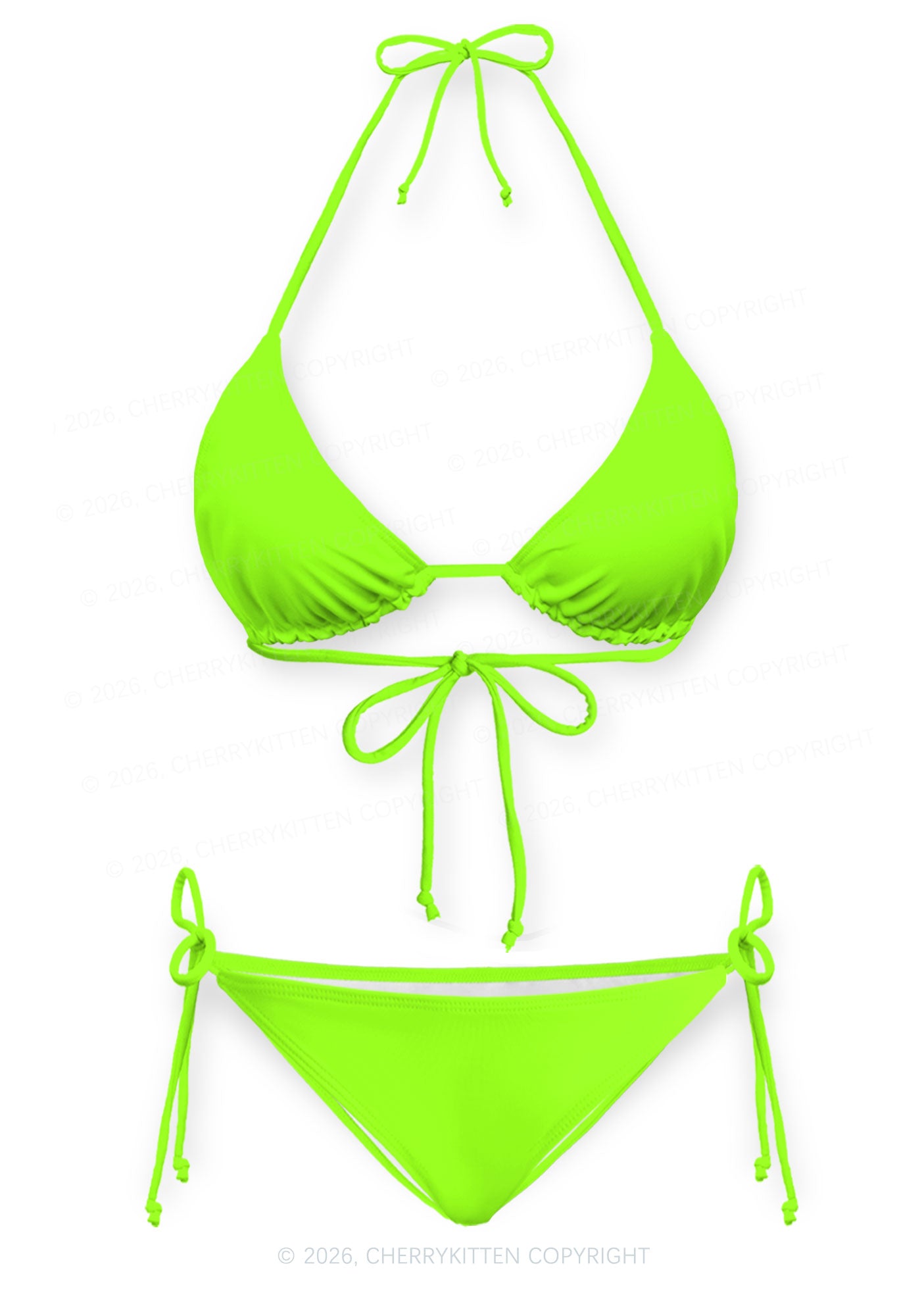 Fluorescent Green Plain Y2K Print Bikini Set Cherrykitten