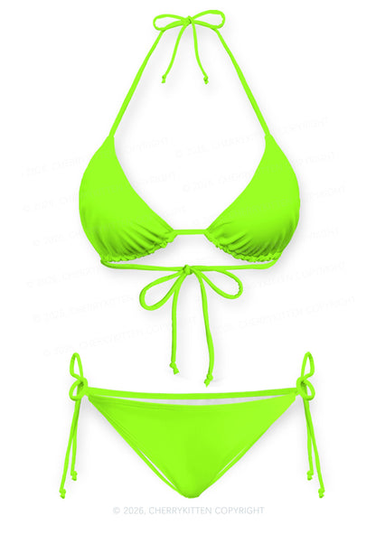 Fluorescent Green Plain Y2K Print Bikini Set Cherrykitten