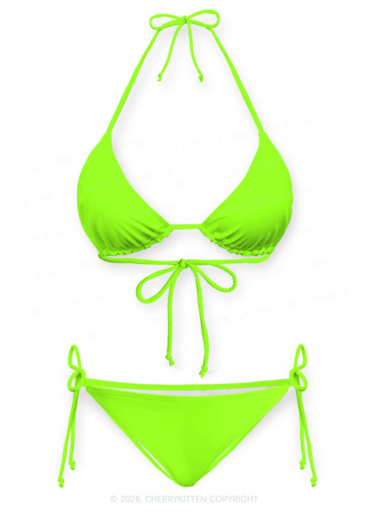 Fluorescent Green Plain Y2K Print Bikini Set Cherrykitten