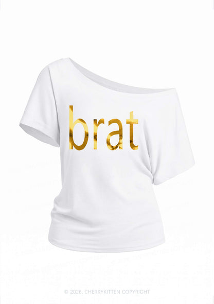 Brat Silver Foil Printed Y2K Off Shoulder Tee Cherrykitten