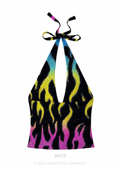 Pansexuality Flame Pride Y2K Print Halter Deep V Neck Cami Cherrykitten