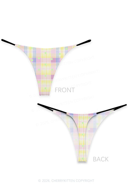 Light Green Dots On Plaid Y2K Print Bikini String Thong Cherrykitten