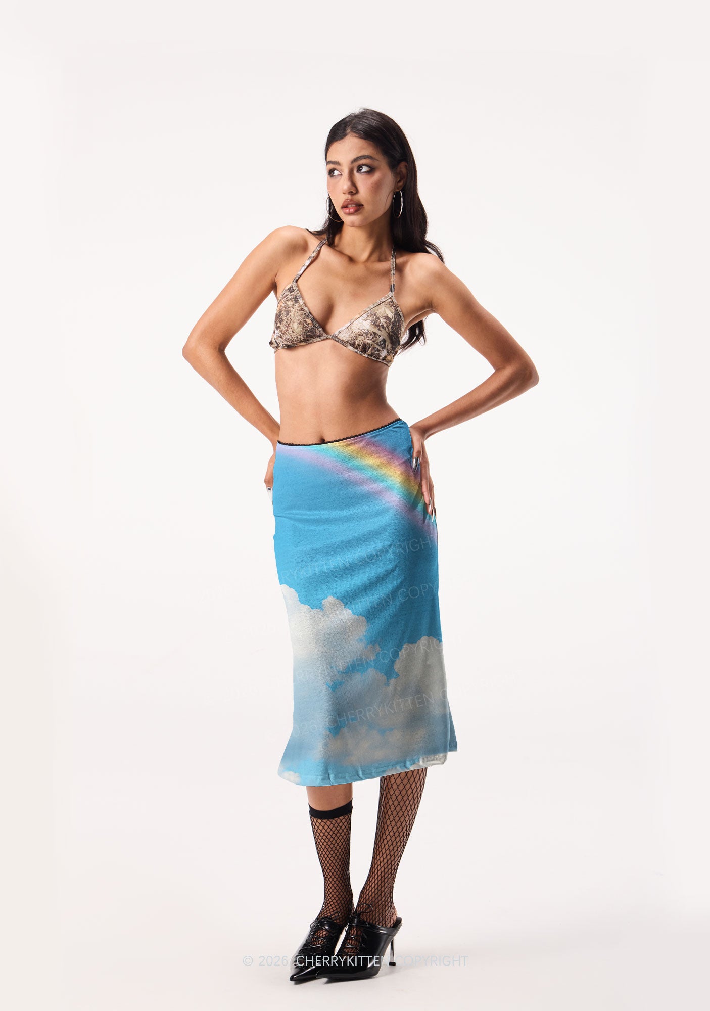 Blue Sky Rainbow Y2K Print Midi Skirt Cherrykitten