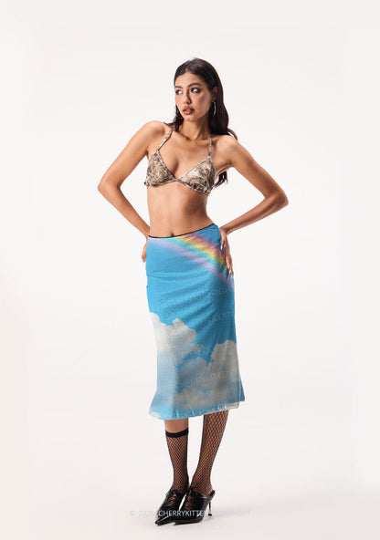 Blue Sky Rainbow Y2K Print Midi Skirt Cherrykitten