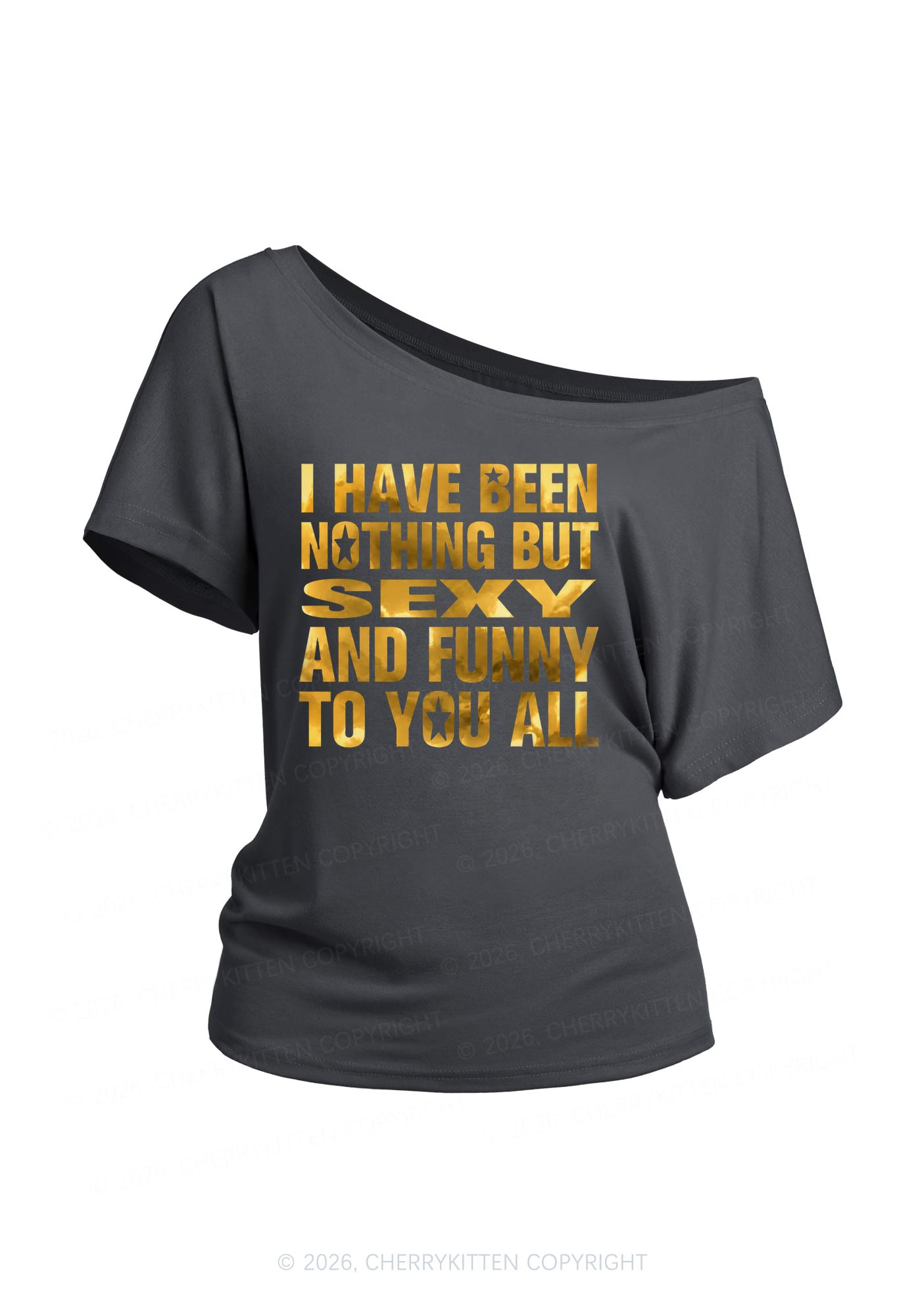 I Have Been Nothing Silver Foil Printed Y2K Off Shoulder Tee Cherrykitten