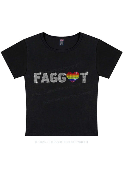 Rhinestone Rainbow Heart Faggot Pride Y2K Baby Tee Cherrykitten