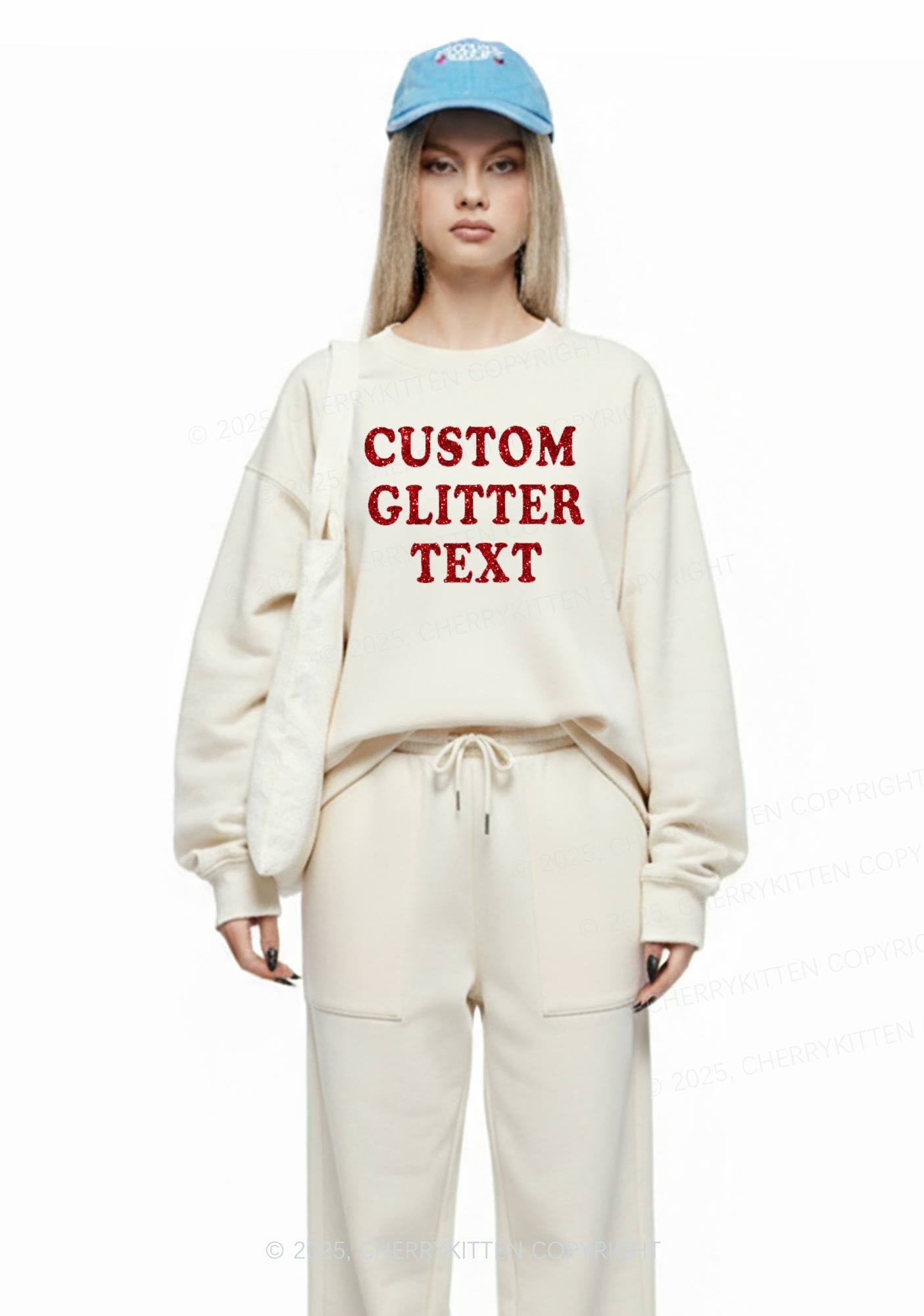 Custom Text Glitter Y2K Fleece Sweatshirts Set Cherrykitten