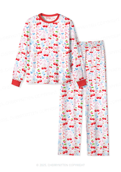 White Cherry Pie Valentine's Day Y2K Print Long Sleeve Pajama Set Cherrykitten
