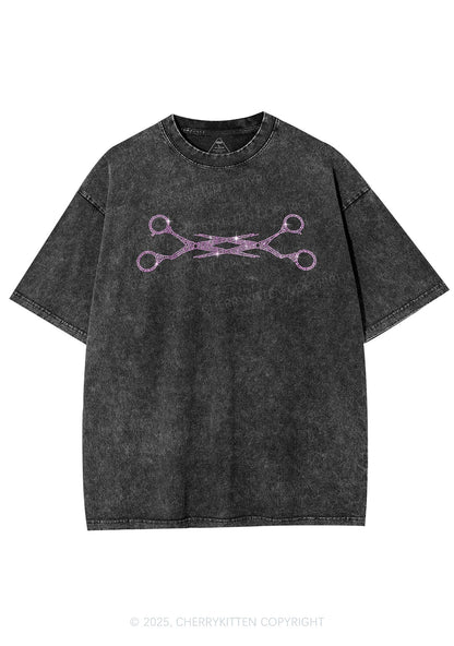 Rhinestone Pink Scissor Pride Y2K Shirts Washed Tee Cherrykitten