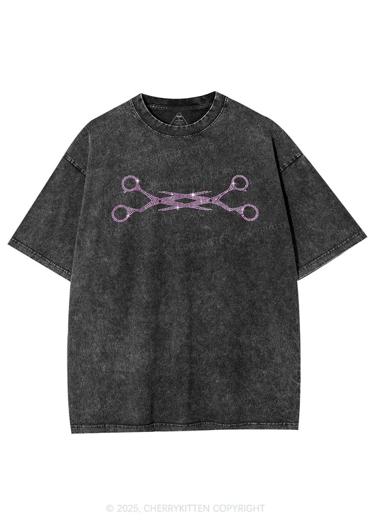Rhinestone Pink Scissor Pride Y2K Shirts Washed Tee Cherrykitten