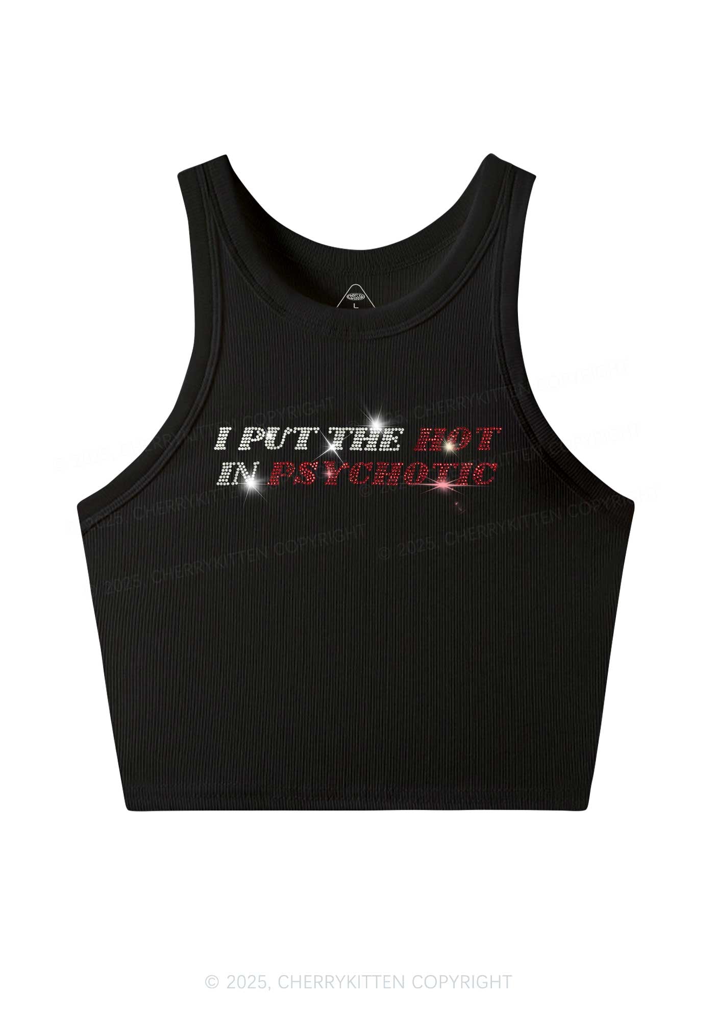 Rhinestone I Put The Hot In Psychotic Y2K Crop Tank Top Cherrykitten
