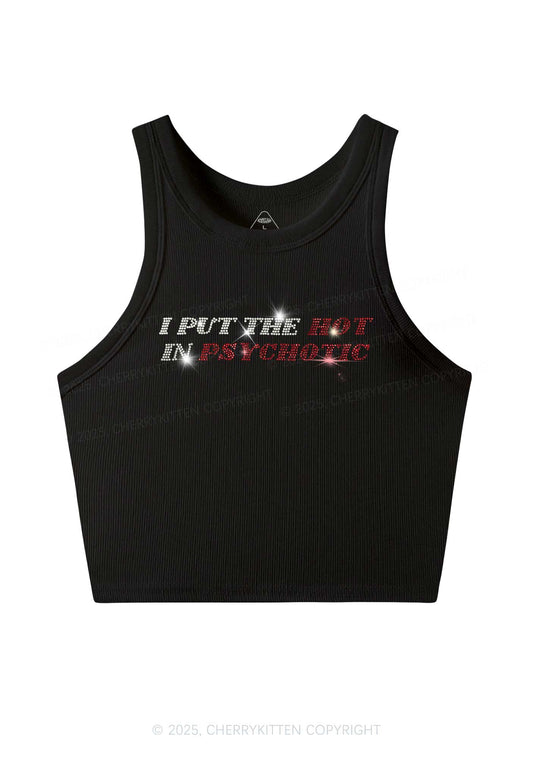 Rhinestone I Put The Hot In Psychotic Y2K Crop Tank Top Cherrykitten