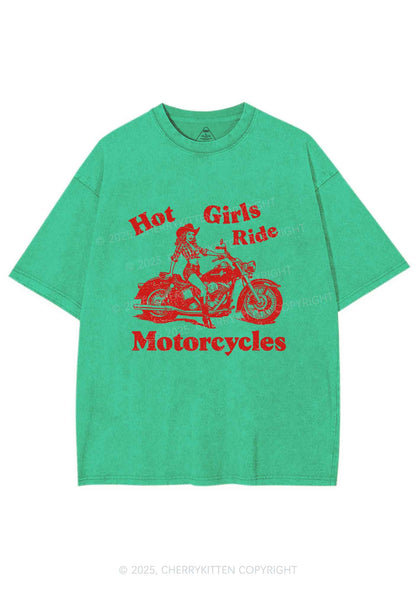 Hot Girls Ride Motorcycles Y2K Shirts Washed Tee Cherrykitten