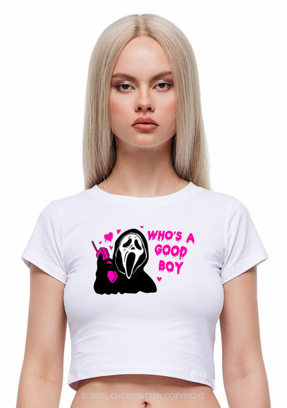 Halloween Whos Good Boy Y2K Baby Tee Cherrykitten