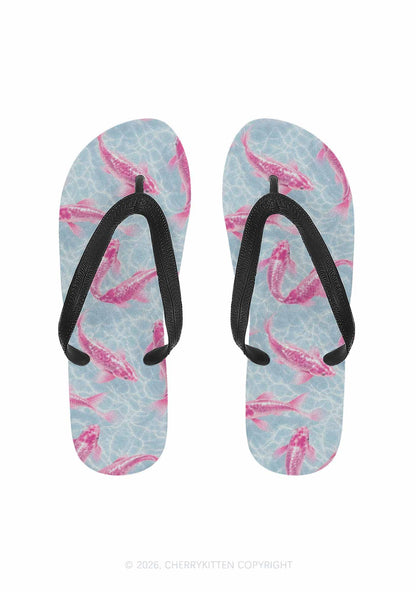 Pink Koi Fish Y2K Print Flip Flops Cherrykitten