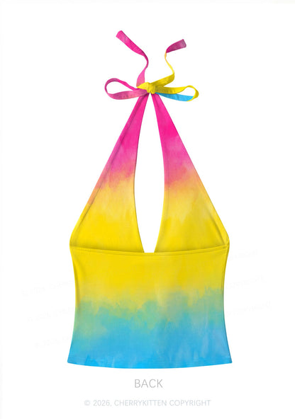 Pansexual Tie Dye Pride Y2K Print Halter Deep V Neck Cami Cherrykitten