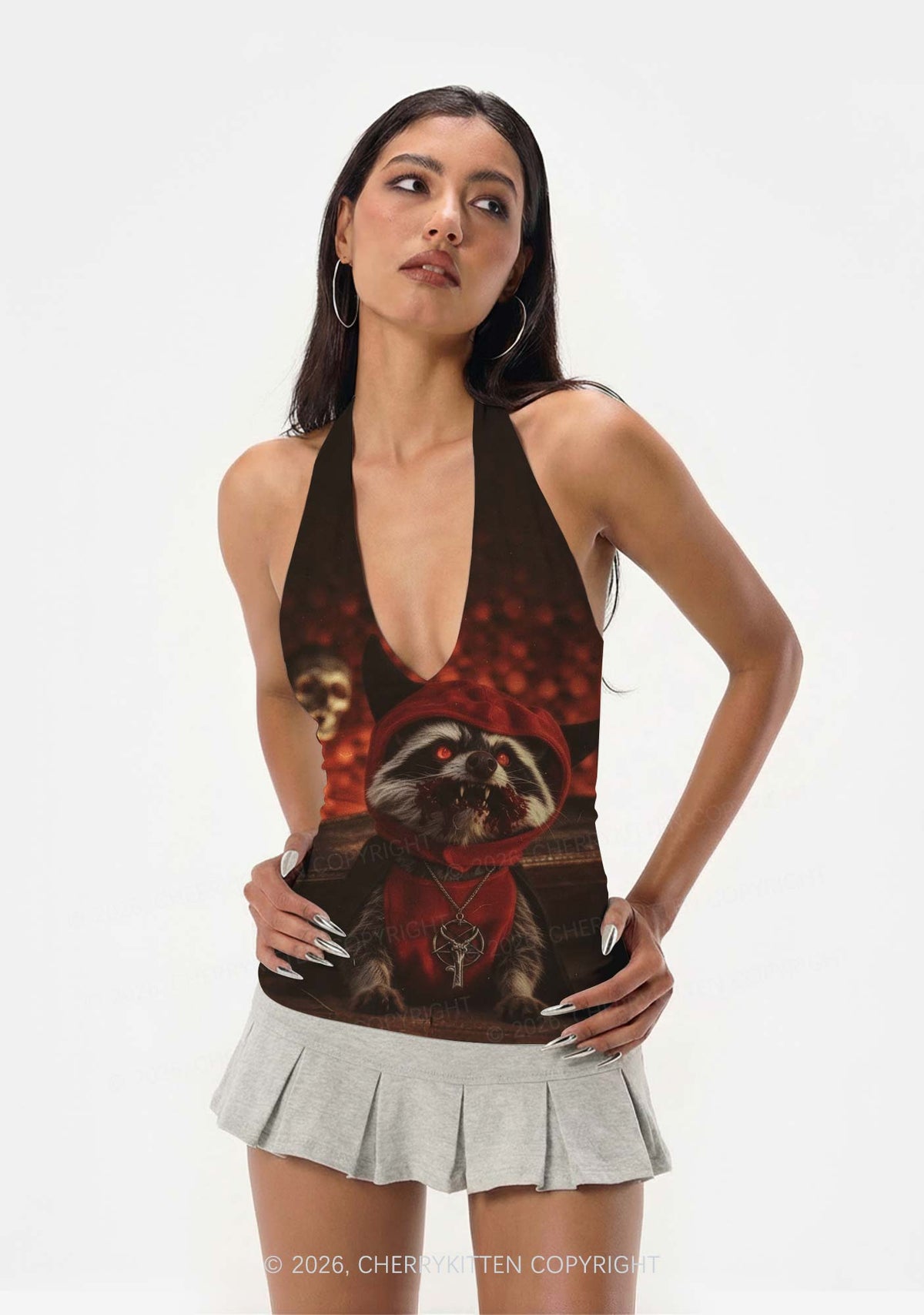 Halloween Vampire Raccoon Y2K Print Halter Deep V Neck Cami Cherrykitten