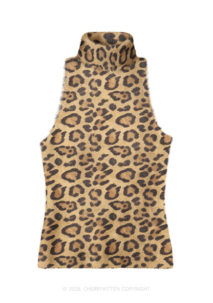 Khaki Leopard Y2K Knit Turtleneck Tank Top Cherrykitten