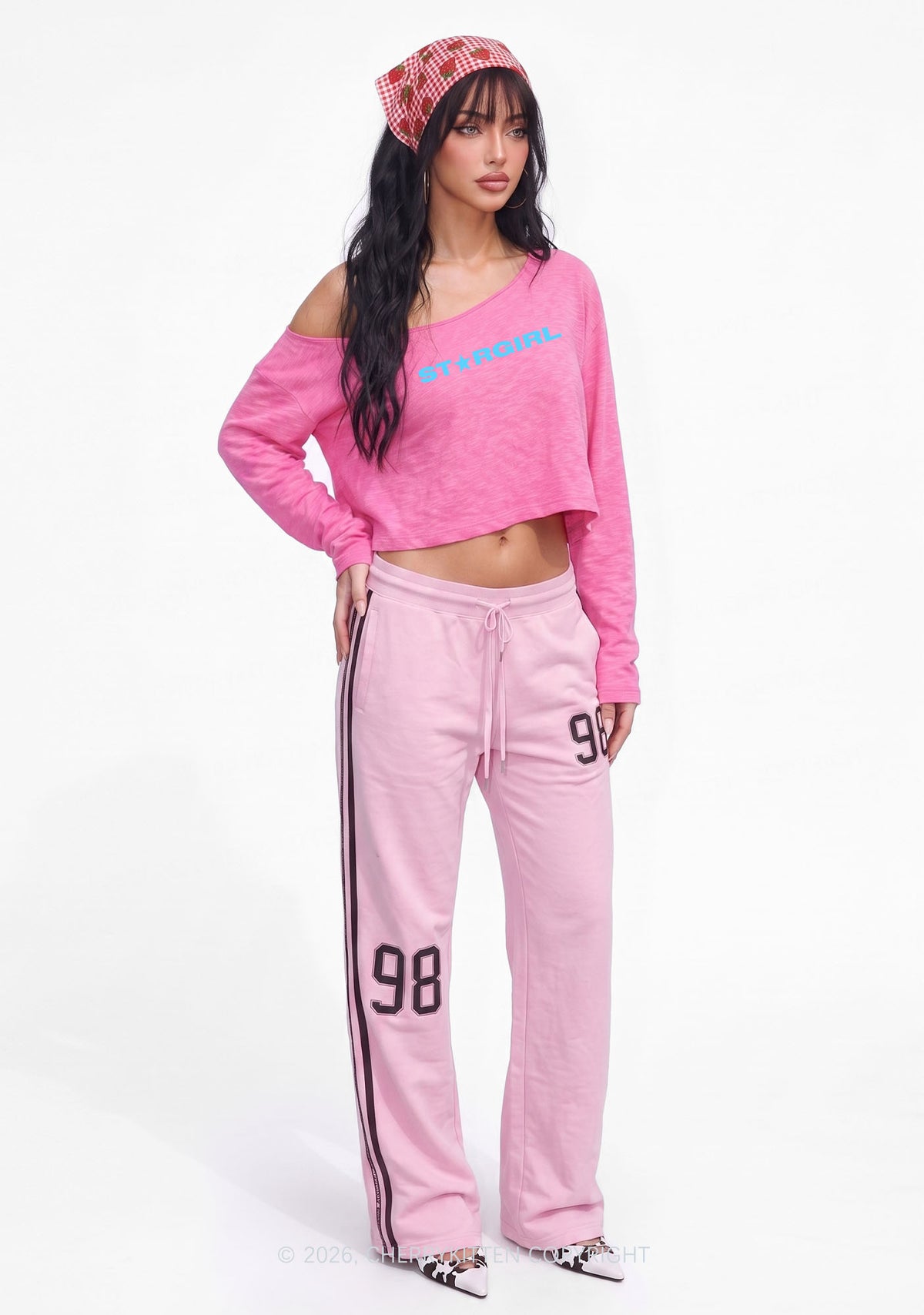 Red Stargirl Y2K Off Shoulder Long Sleeve Crop Top Cherrykitten