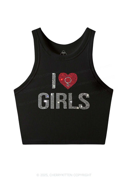 Rhinestone I Love Girls Pride Y2K Crop Tank Top Cherrykitten