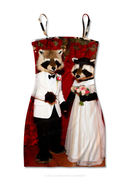 Raccoon Couples Valentine's Day Y2K Print Slip Dress Cherrykitten