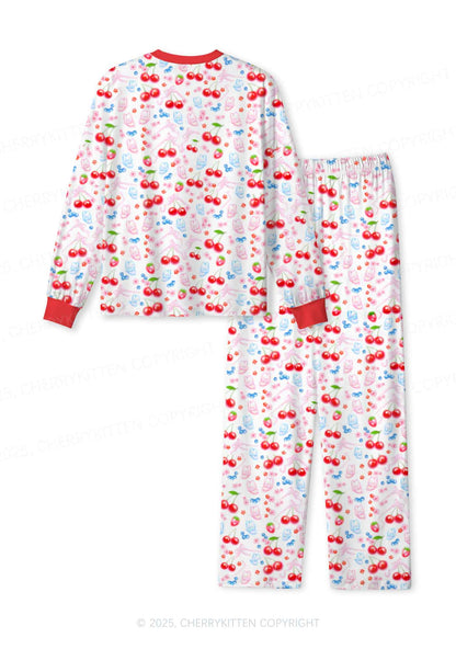 White Cherry Pie Valentine's Day Y2K Print Long Sleeve Pajama Set Cherrykitten